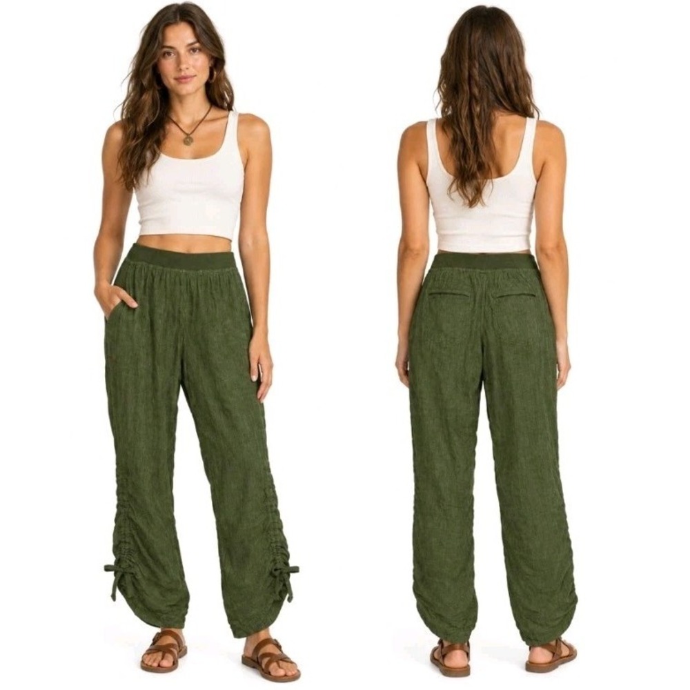 Toad&Co Lina Pants Olive Green 100% Linen Wide Leg Ruched Hem Trousers Womens M